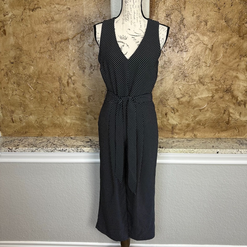 Banana Republic Jumpsuit Womens 2 Crop Wide‎ Leg V Neck Belted Polka Dot Black